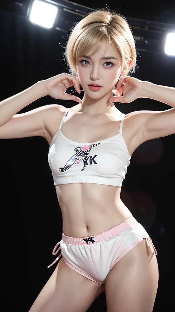 (Very fine eye), (((Fabric Shading))), (((Highest quality))), (((Tabletop))), (((Ultra-high-definition CG))), Saucy girl, (((magical girl))), (small), (Large Breasts), Blonde Short Hair, Blonde Short Hair, Blonde Short Hair, Pinup Emo, ((nice hair)), Pink Eyes, (((Hip Hop Style, Burning hot in the dismantled panties, While glamorous, Printed crop top, Deconstructed Panties Pants Black,And y2k))), ((Strike a Pose)), (((Game CG)) (nice, Saucy, It Girl), Fine Jewelry, Full LED background, LED shining in the background, retro lights, Hip hop vibe, LED lights in the background, light retro led, magic disco light led, Strong 80's atmosphere,, Cowboy Shot, Mid Shot, Centered Images, Look into the camera, Front view