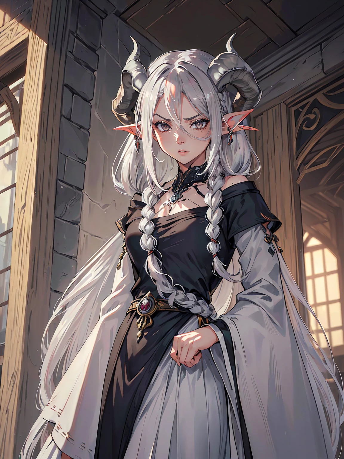 handsome mature woman,steel grey-eyes,grey pupils,Hyperresolution,accuracy,Detailed rendering,(Subtle facial image)(Image of fine hair)(topquality)(Masterpieces of masters)(High degree of completeness)(A sense of atmosphere)tmasterpiece,Super detailed and super detailed(half-body portrait), (((Long silver hair)))(((Hair in long braid)))(((Long hair))) (((Tiefling horns)))(((Demon)))(((Grey skintone))) (((Grey eyes))) (((Elf ears)))(((Fierce expression )))(((Medieval travel clothes)))(((Large ram horns)))(((Large demon horns))) (((Ram horns)))
