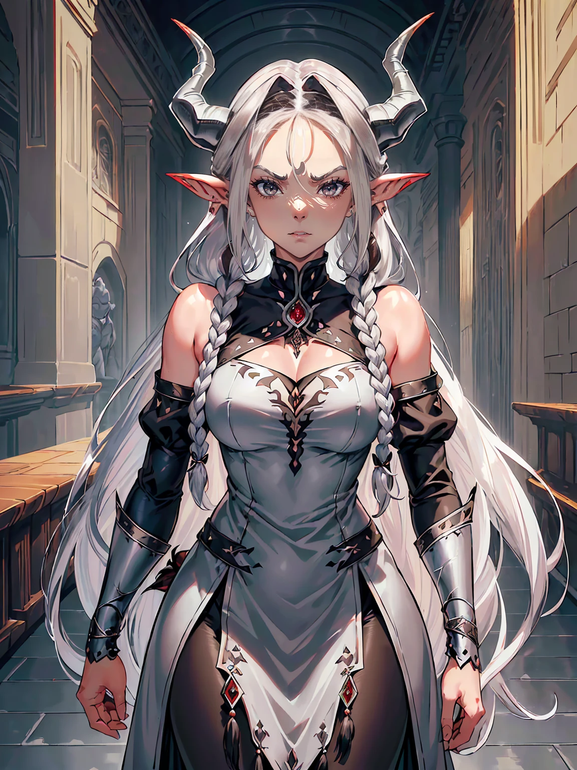 handsome mature woman,steel grey-eyes,grey pupils,Hyperresolution,accuracy,Detailed rendering,(Subtle facial image)(Image of fine hair)(topquality)(Masterpieces of masters)(High degree of completeness)(A sense of atmosphere)tmasterpiece,Super detailed and super detailed(half-body portrait), (((Long silver hair)))(((Hair in long braid)))(((Long hair))) (((Tiefling horns)))(((Demon)))(((Grey skintone))) (((Grey eyes))) (((Elf ears)))(((Fierce expression )))(((Medieval travel clothes)))(((Large ram horns)))(((Large demon horns))) (((Ram horns)))
