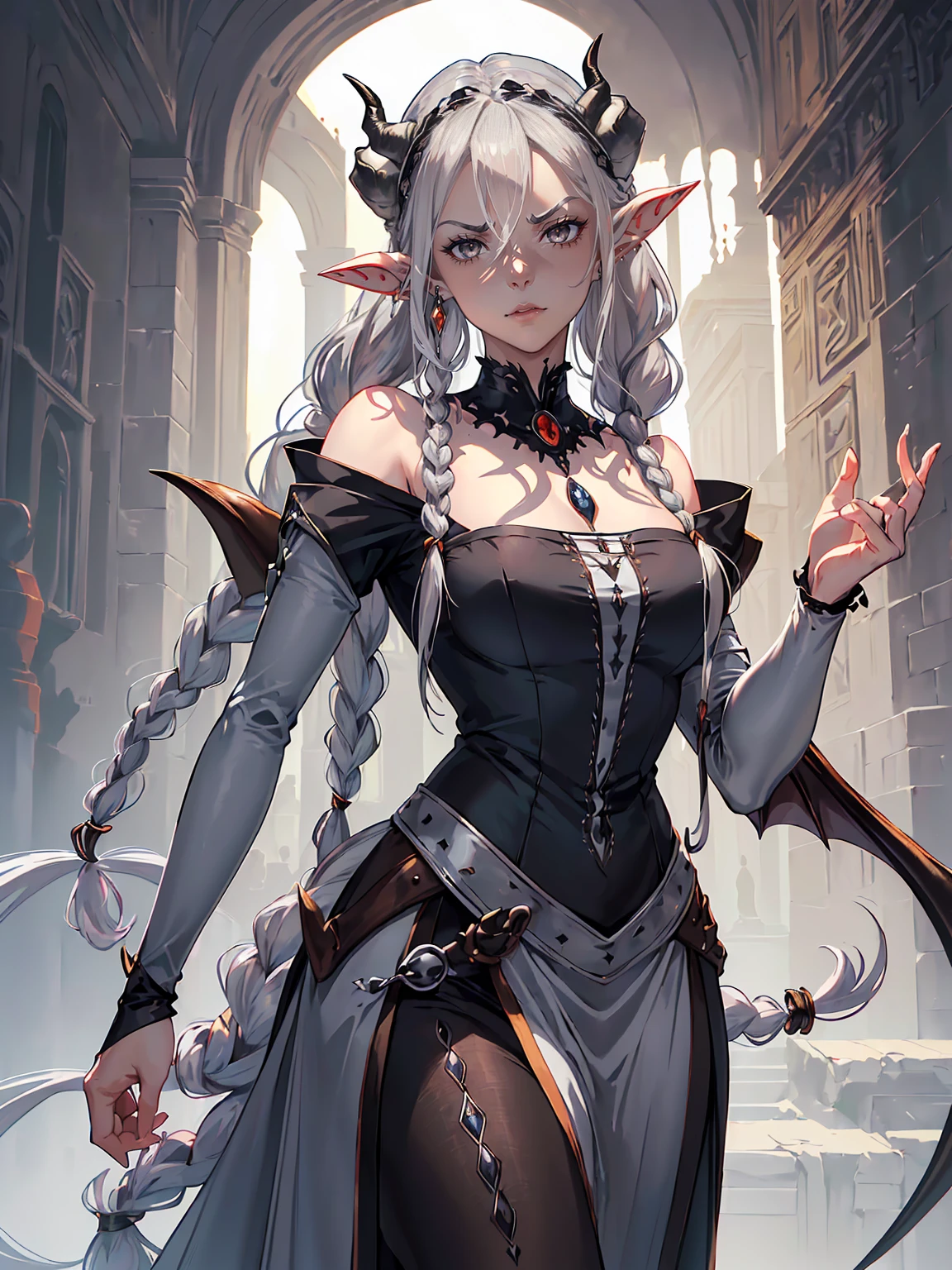 handsome mature woman,steel grey-eyes,grey pupils,Hyperresolution,accuracy,Detailed rendering,(Subtle facial image)(Image of fine hair)(topquality)(Masterpieces of masters)(High degree of completeness)(A sense of atmosphere)tmasterpiece,Super detailed and super detailed(half-body portrait), (((Long silver hair)))(((Hair in long braid)))(((Long hair))) (((Tiefling horns)))(((Demon)))(((Grey skintone))) (((Grey eyes))) (((Elf ears)))(((Fierce expression )))(((Medieval travel clothes)))(((Large ram horns)))(((Large demon horns))) (((Ram horns)))