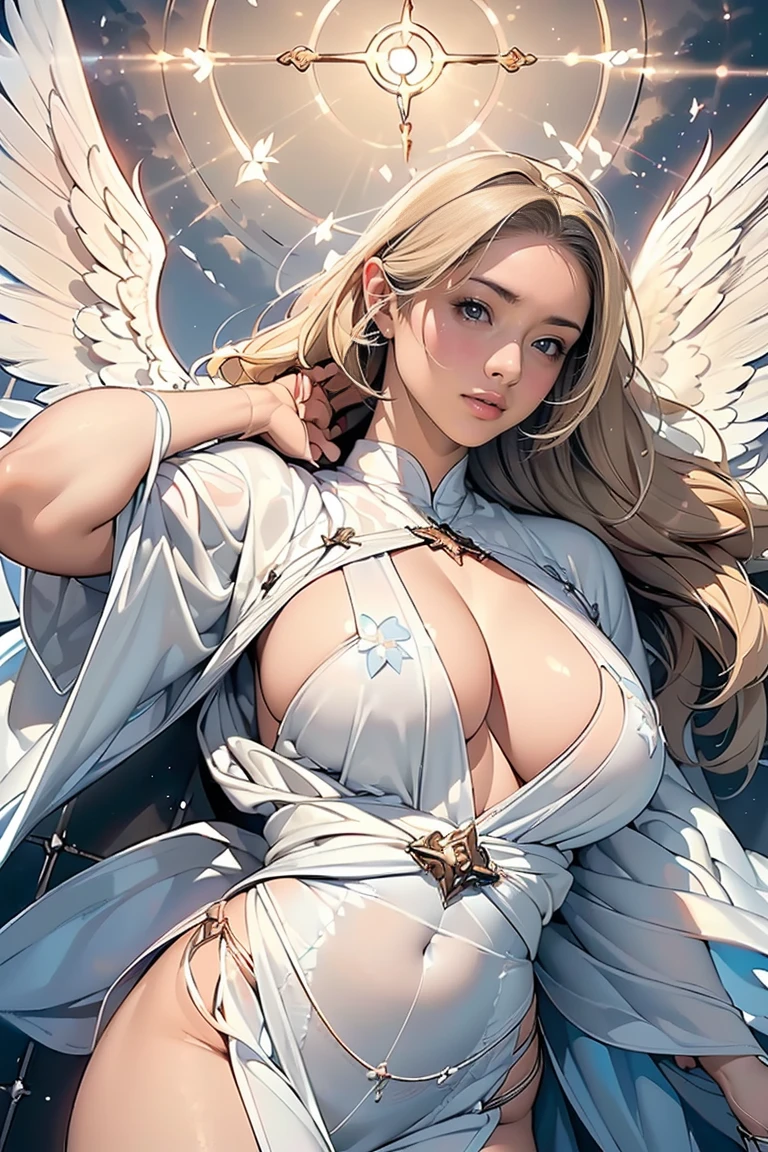 (masterpiece,top quality,high quality)), ((8K wallpaper unified with high definition CG)), (huge stunning goddess shot, jaw dropping beauty, perfect proportions, beautiful body, slim body beauty:1.1), a contemporary religious painting, (((Thirteen angels appear in the pre-dawn sky))), ((beautiful blond hair and thin long robes fluttering:1.4)), (Circle of Angels, angel halo), (rings of light above their heads, large wings of light on their backs:1.5), (each of them holding a weapon in her hand and looking down on the city from above:1.2), ((view from below)),