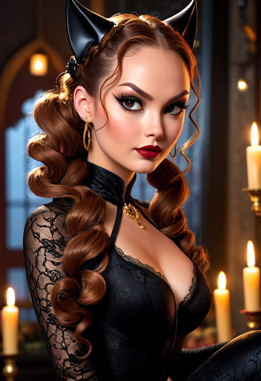 Tori Black asian catwoman, ringlets wavy five feet long ginger hair, updo hairstyle with ponytail on one side and long hairpins holding the bun long braid, dark red glossy lips, heavy black eye shadow long black eyeliner, long sharp claws, black lace beautiful and creative catwoman bodysuit with no jewels, huge cleavage, clear ears no earrings, no earrings, no earrings, no earrings, no jewels, beautiful forehead lace ornament, posing in a feminine catwoman den, happy expression, dark ambience night time candle lights. No faces on her chest!