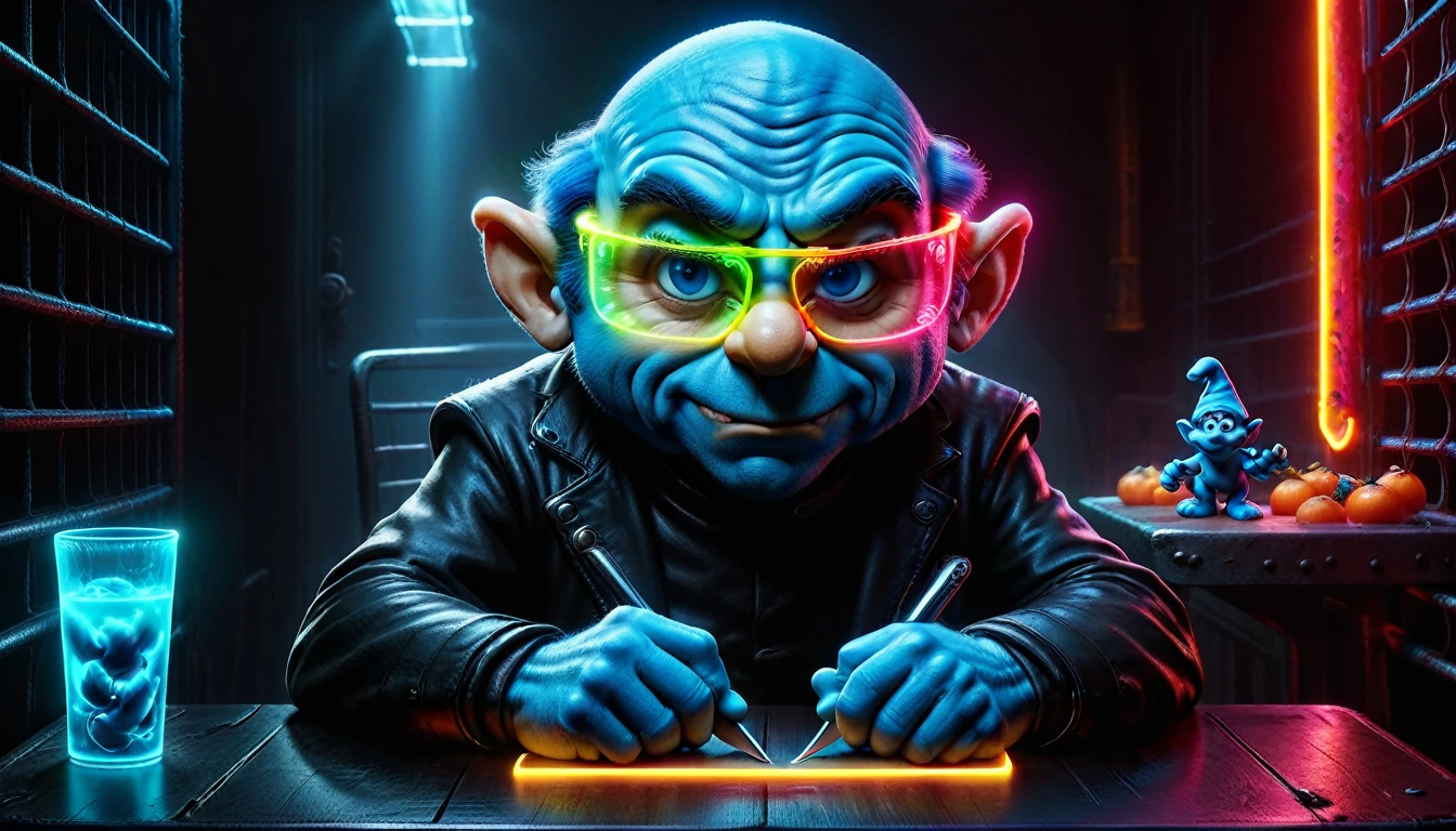 create an image demonstrating the style of ((Gargamel Smurf wears glowing neon glasses: 1.44)), ((neon lighting)), hyperrealism, 8K high resolution, vivid colors, sharp focus, ((Extremely detailed horror scene, ((Gargamel Smurf sits at the table )) holds a shiny, bloody knife in his hand)), ((on the table, in the background ((small Smurf)) in steel cages))