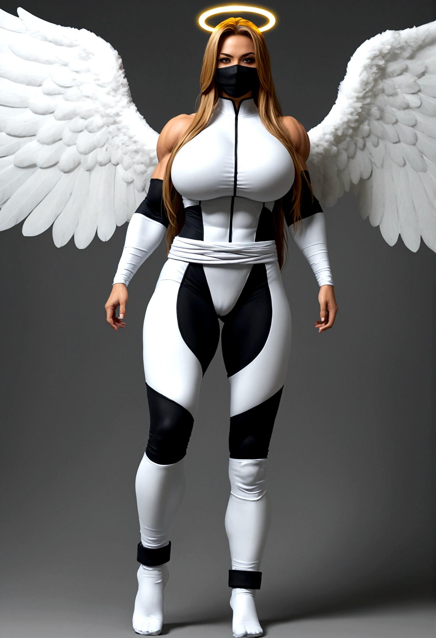 Angel girl, gigantic muscular body, gigantic breasts, big white wings, halo, ninja outfit, ninja mask, long hair, full body.