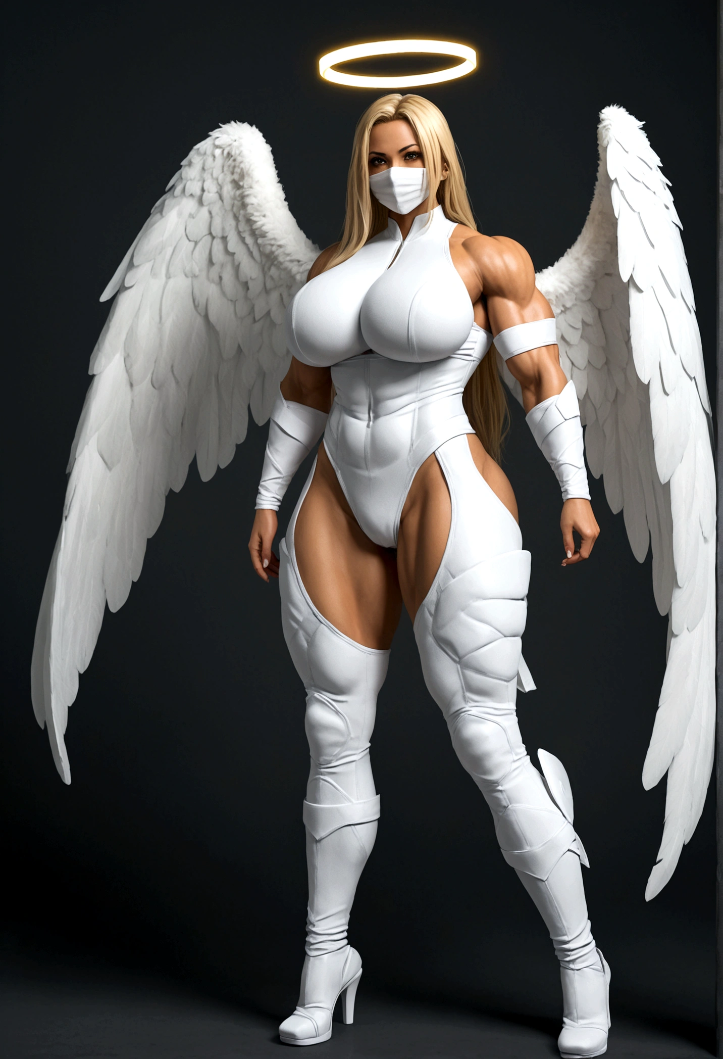 Angel girl, gigantic muscular body, gigantic breasts, big white wings, halo, ninja outfit, ninja mask, long hair, full body.