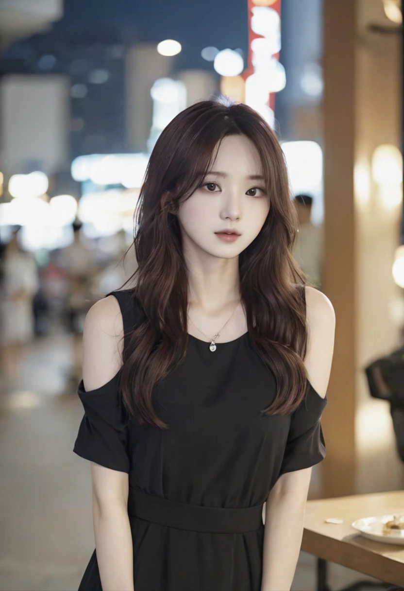 A Korean girl, Shoulder length hair, brown hair, beautiful, pale skin, black dress, cute