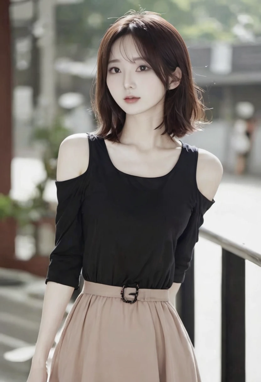 A Korean girl, Shoulder length hair, brown hair, beautiful, pale skin, black dress, cute