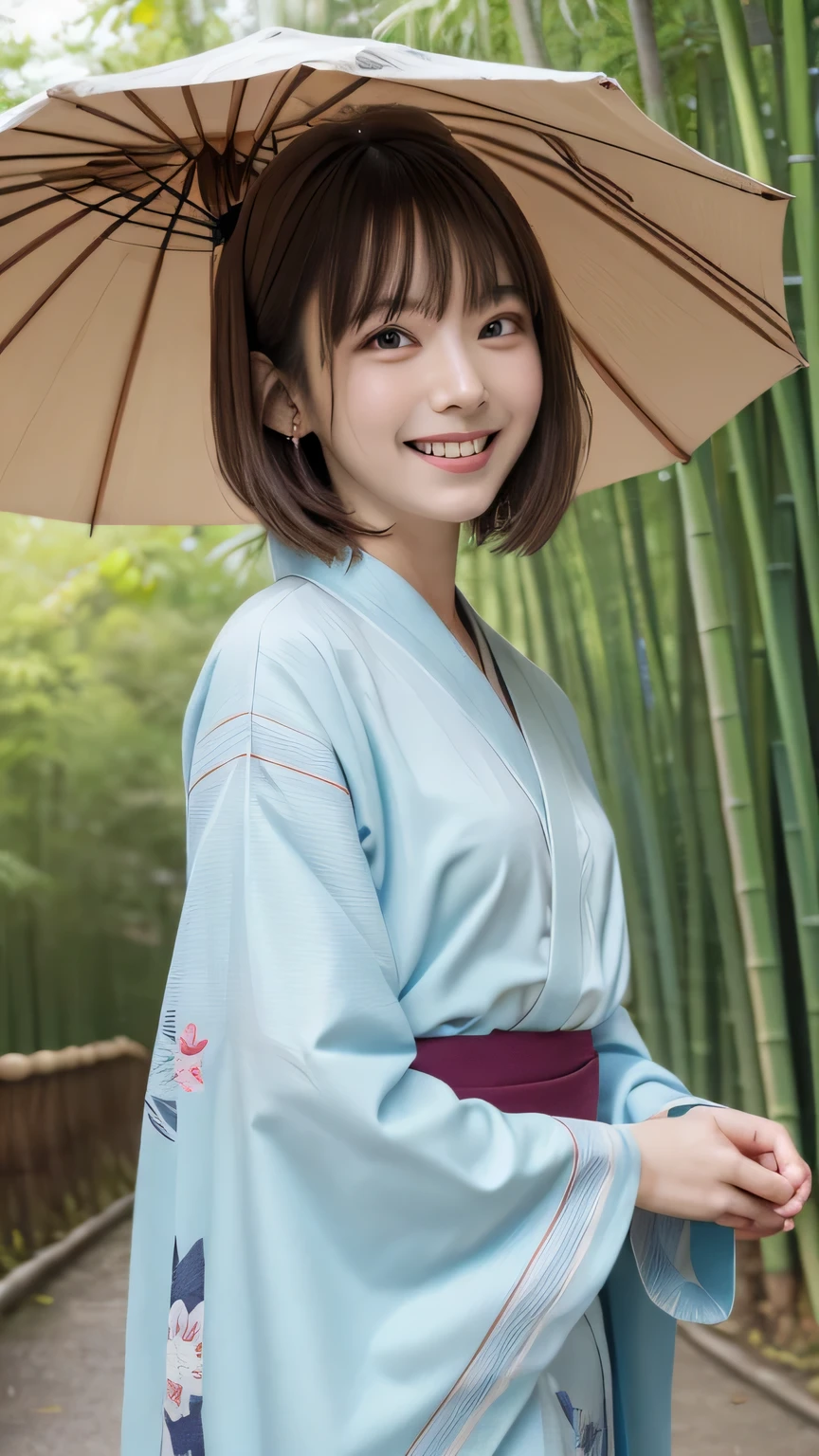 closeup shot , Best picture quality (8K, high resolution, Masterpiece: 1.2), super detailed, 215 Short Hair, 16-year-old woman,
situation: A rain-soaked bamboo forest path、A woman in kimono is walking with a Japanese umbrella。
clothing: Green kimono、Obi with embroidered bamboo leaves。The Japanese umbrella is white with green accents。
angle:
Close-up: Raindrops rustling the leaves of the bamboo forest、A detailed depiction of the woman's calm expression seen from under a Japanese umbrella。
Detailed depiction: The bamboo forest is moist with rain.、With fallen leaves on the road in the background、Highlight the beauty of nature。
Emotional moment: The expression of enjoying the scent of bamboo、Capture a relaxed moment walking down a quiet street。
, Close-up of face :1.5
, random cute pose ,big eyes ,Puffy eyes , Heart Pupil, blush , huge shy smile , salute