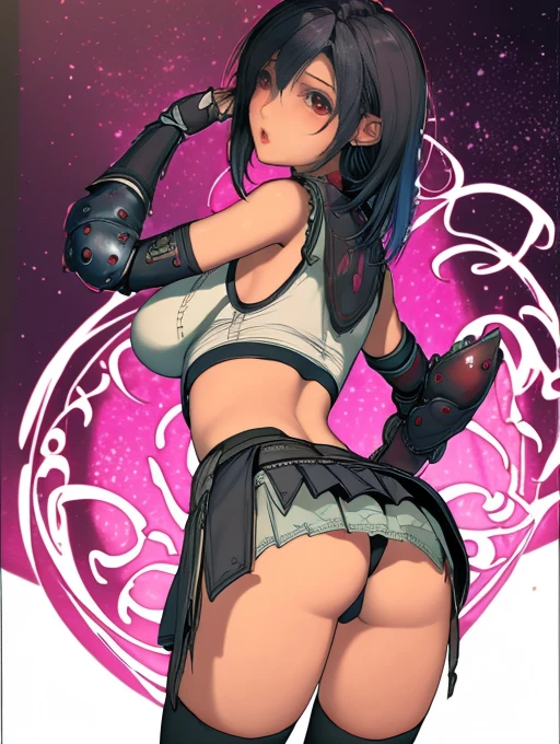looking back,A group of female adventurers set in a medieval fantasy world.3people,Dancer、 (At the pub), Mr..々Hairstyle, Harem, night, detailed aspects, Asheria:1.5, Asheria:1.3, short hair, Bobcut, Very short pleated mini skirt with embroidery pattern, Seduce, Sleeveless, armor 、Shoulder Armor、show off pink plaid pattern panties:1.3、Big Breasts、Big Ass、Wide waist、Pull up their skirts,Knee socks,