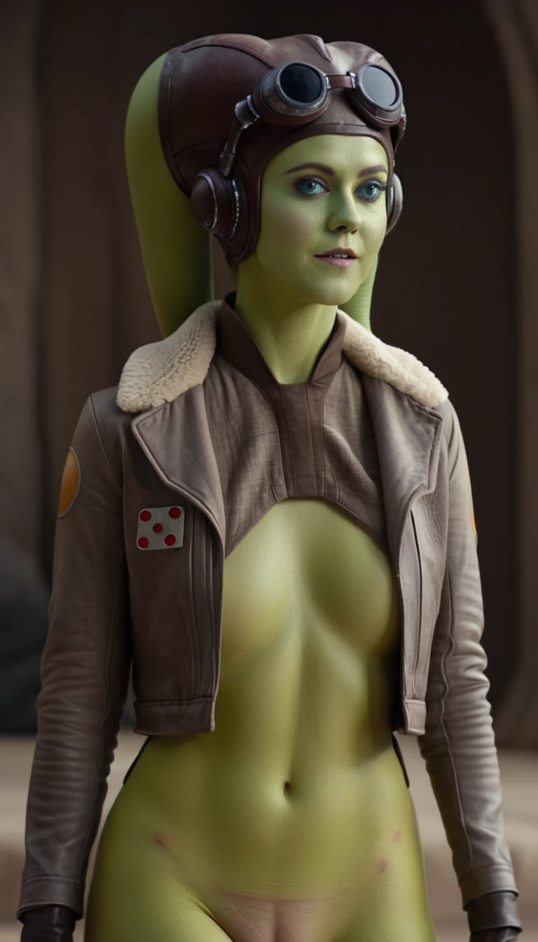 A beautiful, sensual green-skinned woman, Hera Syndulla, nude and alluring, (detailed realistic,4k,highres,masterpiece:1.2), (NO JACKET), cinematic lighting, dramatic shadows, intricate anatomy, flawless skin, mesmerizing gaze, dynamic pose, lush environment