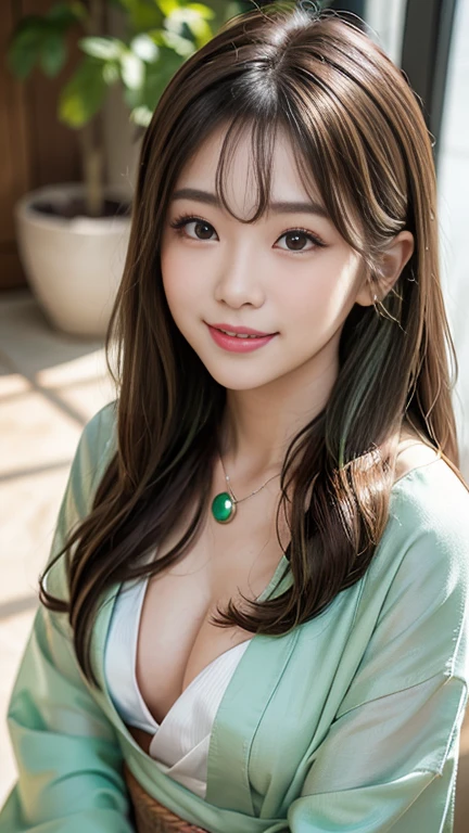 High resolution, (Super detailed: 1.15), (Soft Light, sharp: 1.2), 1 Girl, beautiful girl, Super detaileded Eyes, Long color hair, Super detaileded Textured Kimono, draw yukata，(Round face:1.2）,,(smile)（A well-defined nose）,(High nose),(A good attitude:1.5)、(Good size chest:1.5)、(Chestnut long hair, green inner color:1.3),Full body close-up
