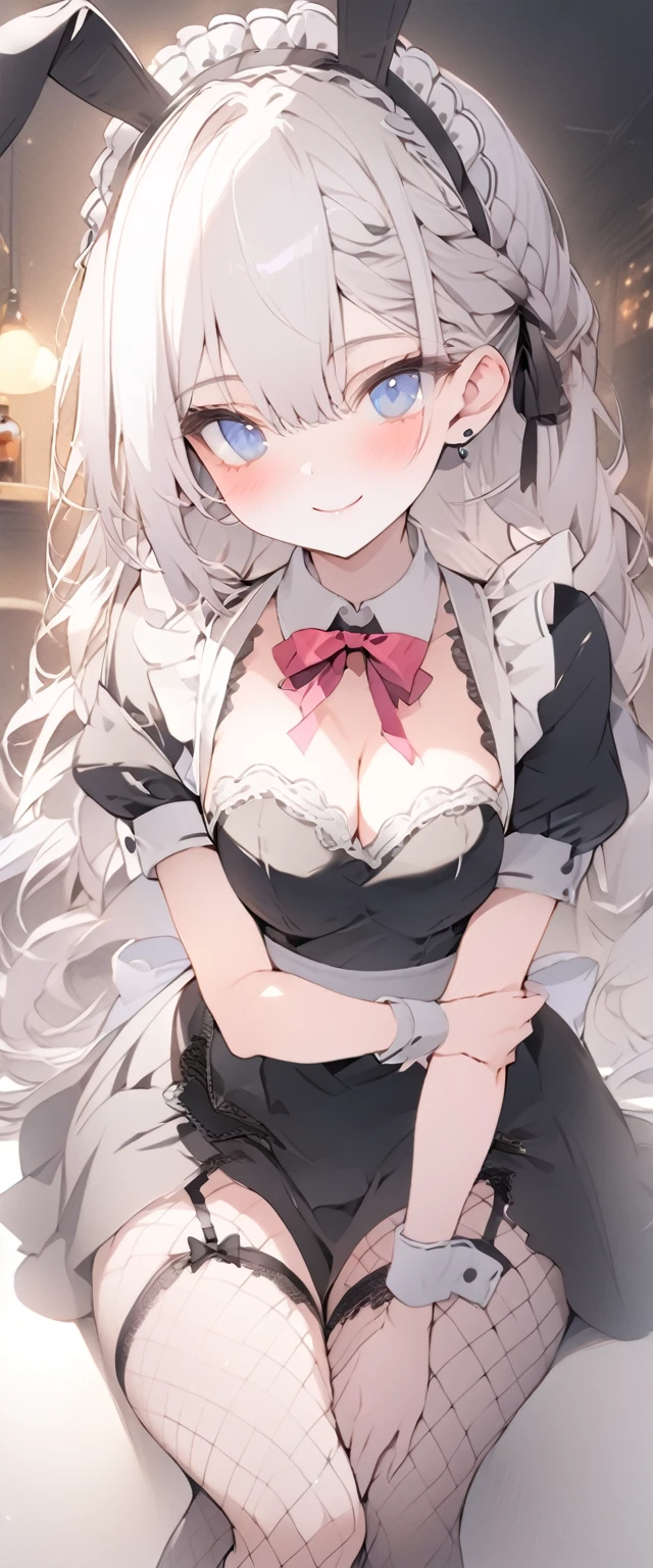 beautiful, masterpiece, Highest quality, anime, One girl, C Cup,Portrait Shot, View your viewers, Covered、Long Hair、nearby、Blue Eyes、art、White hair,black streaked hair, dark atmosphere、Thighs、Braid、Bunny Maid、Fishnet tights、Cafe、smile、garter belt、Crossing legs、skirt、alcohol