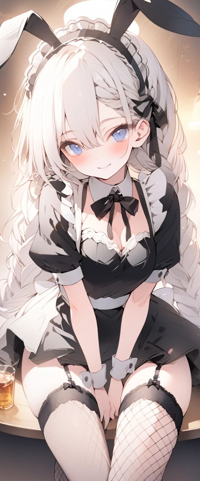 beautiful, masterpiece, Highest quality, anime, One girl, C Cup,Portrait Shot, View your viewers, Covered、Long Hair、nearby、Blue Eyes、art、White hair,black streaked hair, dark atmosphere、Thighs、Braid、Bunny Maid、Fishnet tights、Cafe、smile、garter belt、Crossing legs、skirt、alcohol