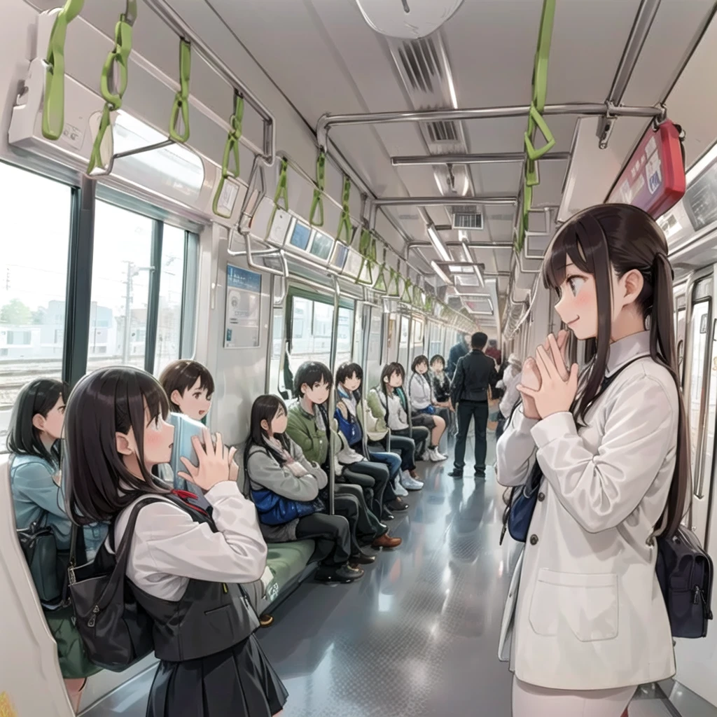 Highest quality, Very detailed, shape,
Multiple Girls, Small breasts , Black Hair, Glasses, school bag, smile, Laughter, View your audience, Crowded train、たくさんのFemale student、1male、A male stands behind a womale、A male is touching a womale's ass、
e235, Inside the train, scenery, Sheet, window, screen, Realistic, photograph background, photograph (Moderate), photographRealistic, close、maleたちに囲まれて1Female student