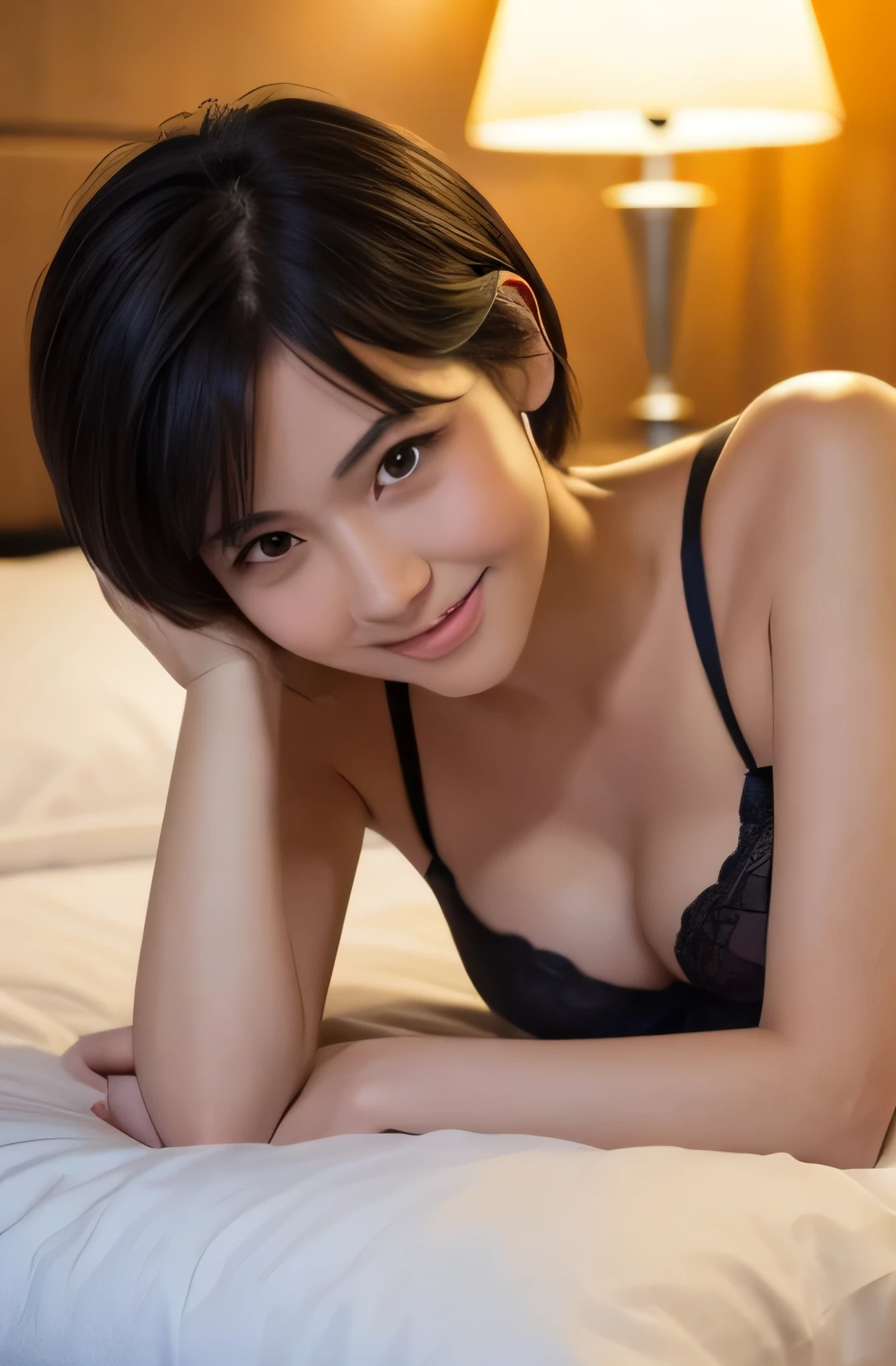 One girl, Short hair up to shoulders,Black Hair,smile, summer, Hotel at night,Bed,Sit down,Down to the feet,Female announcer,Dignified face,Look at this,Slender body,front,bra,Small breasts,Fair skin, (masterpiece, Highest quality), Soft Light, Structure of the film, Like in the movies