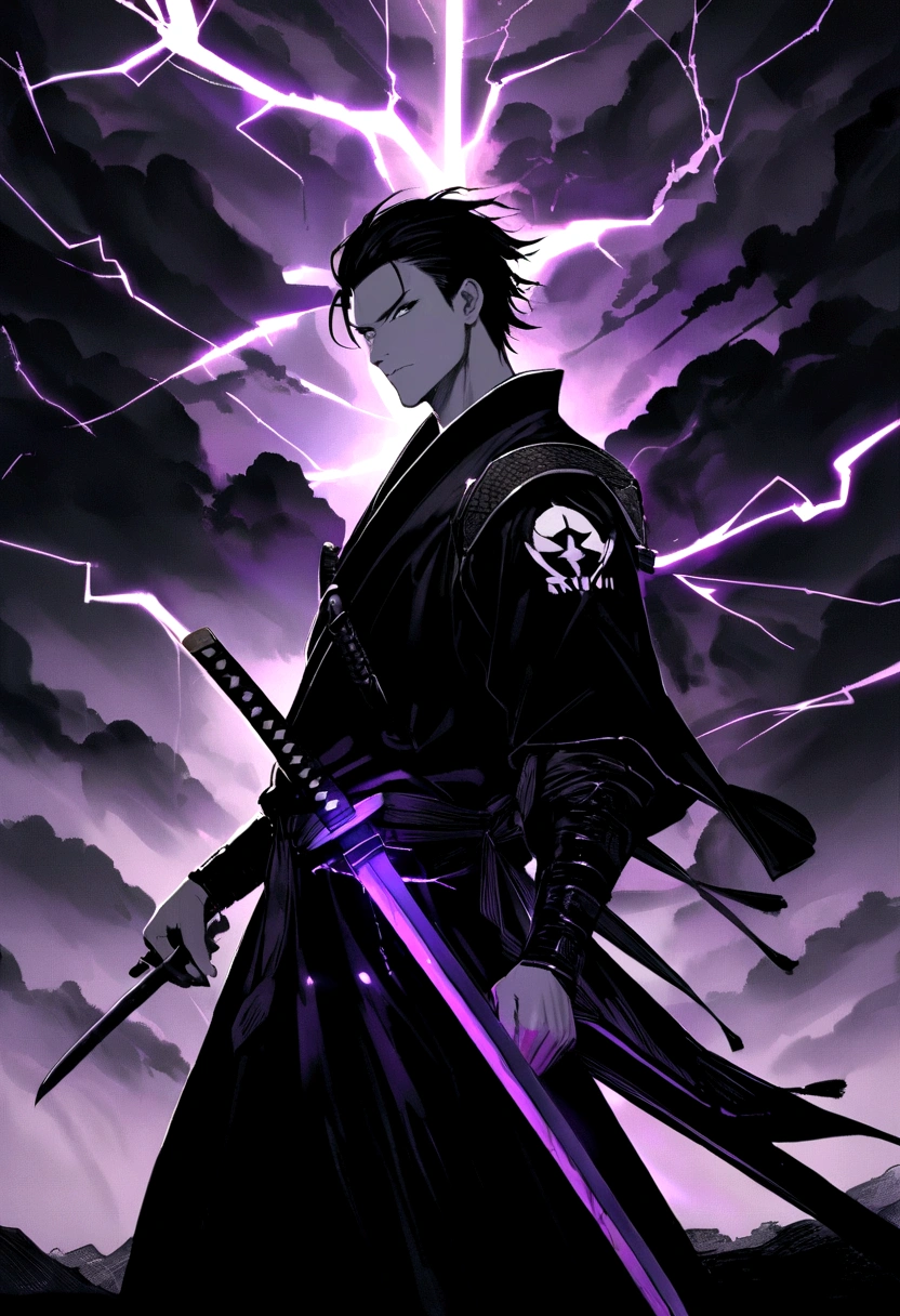 Young and tall samurai with black clothes and a little purple, Flight components, with a purple sword with bright rays, Side to side, dark background with an electrical storm, realist, I. Just the outlines. All black and white except the landscape of the storm behind him.. It is said that the sword appears soaked in blood.. In the design of a brand logo.. simple, looking at the viewer with a serious face and a sensual smile, make a legendary combat stance, let lightning strike the katana.
