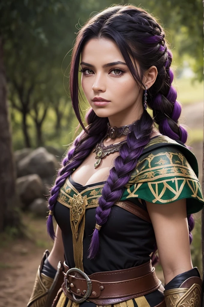 Create a warrior woman, of Brazilian nationality from the Amazon, with long black hair and purple highlights, in a braid. Medieval clothing completely closed green, brown medieval style cover 