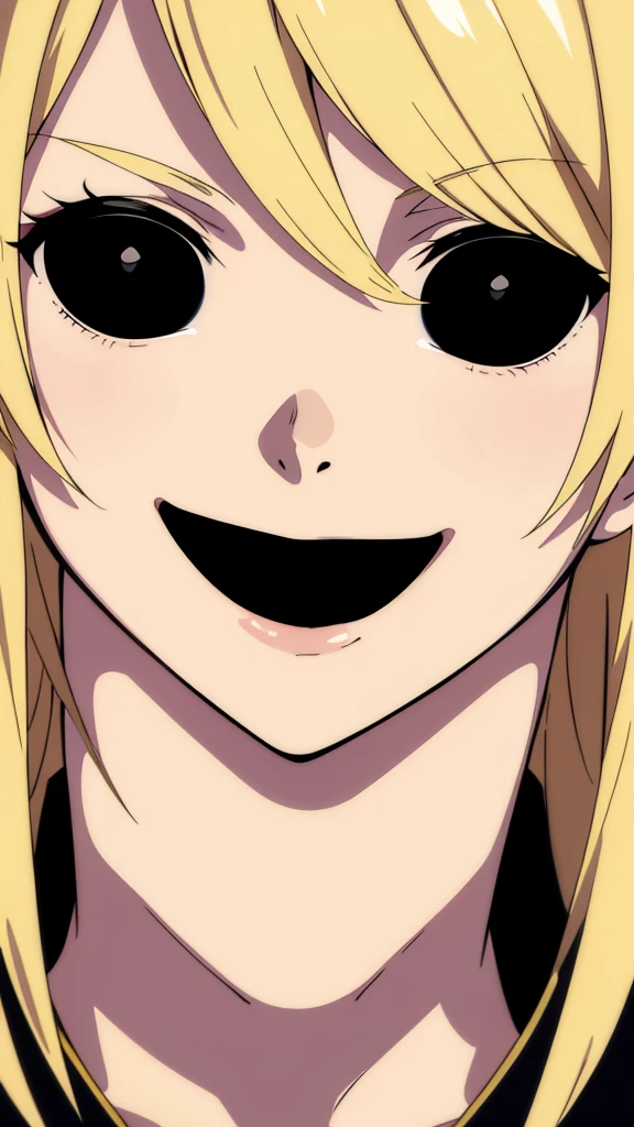 1girl,portrait,solo,close up,blonde,black sclera,black eyes,smile,closed mouth