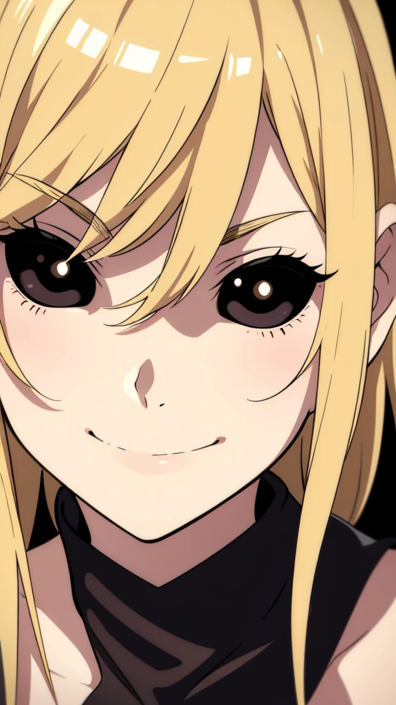 1girl,portrait,solo,close up,blonde,black sclera,black eyes,smile,closed mouth