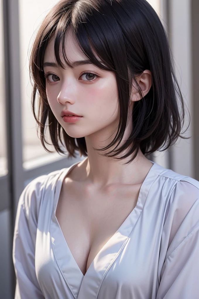 (1 nogizaka girl,15years old face,raw photo,photo realistic:1.5),(best quality, high quality,HDR, highest quality,ultra high resolution,high resolution,high res,ultra high difinition,huge file size,8K,2K wallpaper,8K wallpaper,high quality texture,amazing,an extremely delicate:1.4),one girl, Japanese famous idol,cute face,small face,absurd,ridiculous,incredibly ridiculous,blurry background,(idol uniform,short hair,cleavage,no makeup:1.2),medium skin,beautiful skin,detailed skin,black hair,silky hair,black eyes,Japanese nose,5-fingers,(Light Particles, Lens Flare, Luminous Particles: 0.7),looking at viewer,bright lighting,professional lighting,girl