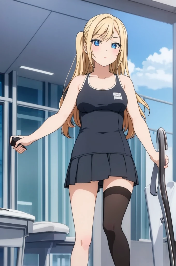 masterpiece, best quality, 1girl, solo, black tights, blond hair, blue eyes, standing, Looking at viewer, black competition swimsuit, in school pool side, black tights, black stockings,