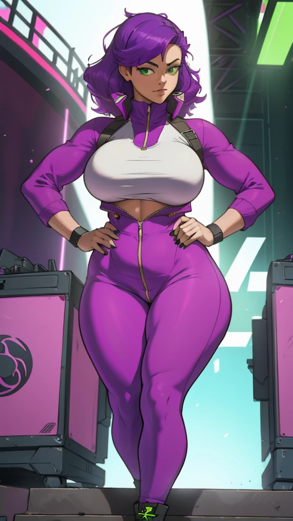 High detailed, 1 woman, Purple hair, Green eyes, busty, gorgeous plump body, hip Hop Singer clothes, looking to the viewer