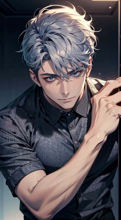 (best quality,4k,8k,highres,masterpiece:1.2),ultra-detailed,(realistic,photorealistic,photo-realistic:1.37),1 man,31 years old,mature man,very handsome,without expression,smile,short grey blue hair,blue eyes,penetrating gaze,perfect face without errors,imposing posture,businessman,office background,cinematic lighting,hdr image