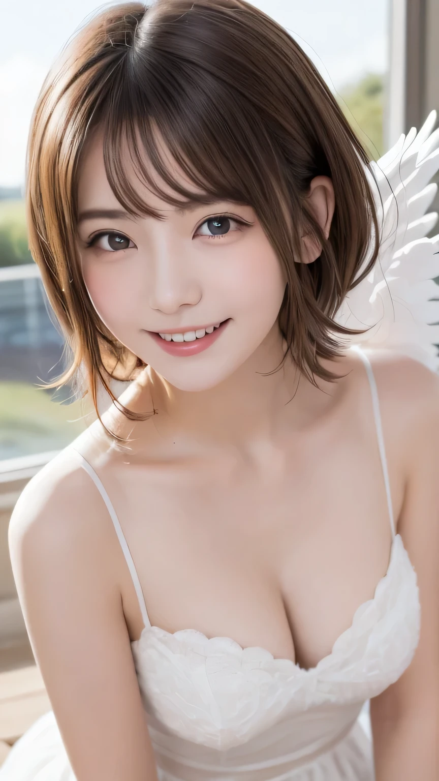 closeup shot , Best picture quality (8K, high resolution, Masterpiece: 1.2), super detailed, 215 Short Hair, 16-year-old woman,
situation: On a white cloud、A woman in an angel costume is sitting gracefully。
clothing: White tulle dress、Golden Halo、White Feather Wings。
angle:
Close-up: The hands spreading their white wings、A calm and elegant expression in detail。
Detailed depiction: Fluffy clouds and、With blue sky in the background、Emphasis on a fantastic atmosphere。
Emotional moment: Gentle movements like stroking the clouds、Capture the smile of an angel。
, Close-up of face :1.5
, random cute pose ,big eyes ,Puffy eyes , Heart Pupil, blush , huge shy smile , salute
