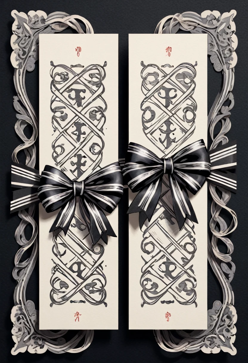 masterpiece、super beautiful、8K、Asymmetric、Two long, wavy ribbons、flat、An illustration of a ribbon tied in a bowknot, drawn with worn lines in the style of medieval black and white letterpress printing.