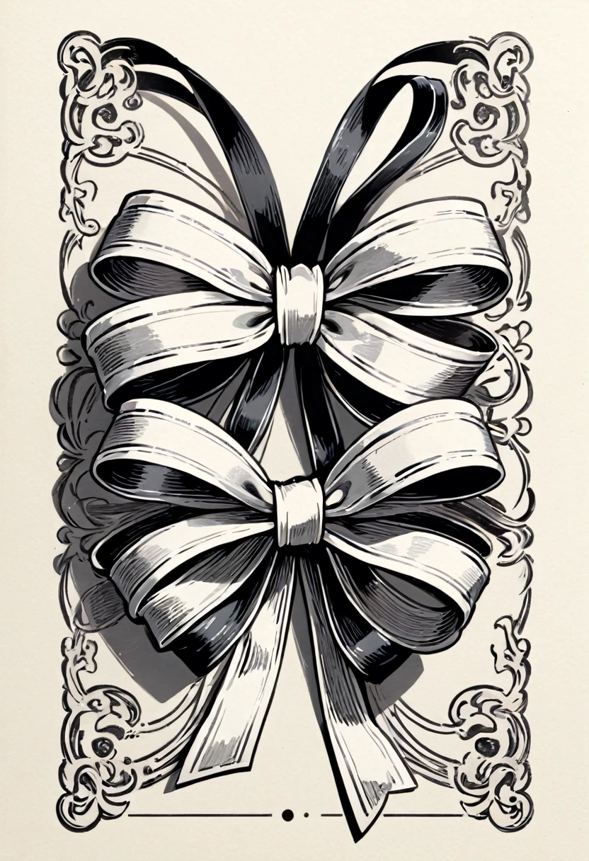 masterpiece、super beautiful、８K、Asymmetric、Two long, wavy ribbons、flat、An illustration of a ribbon tied in a bowknot, drawn with worn lines in the style of medieval black and white letterpress printing.