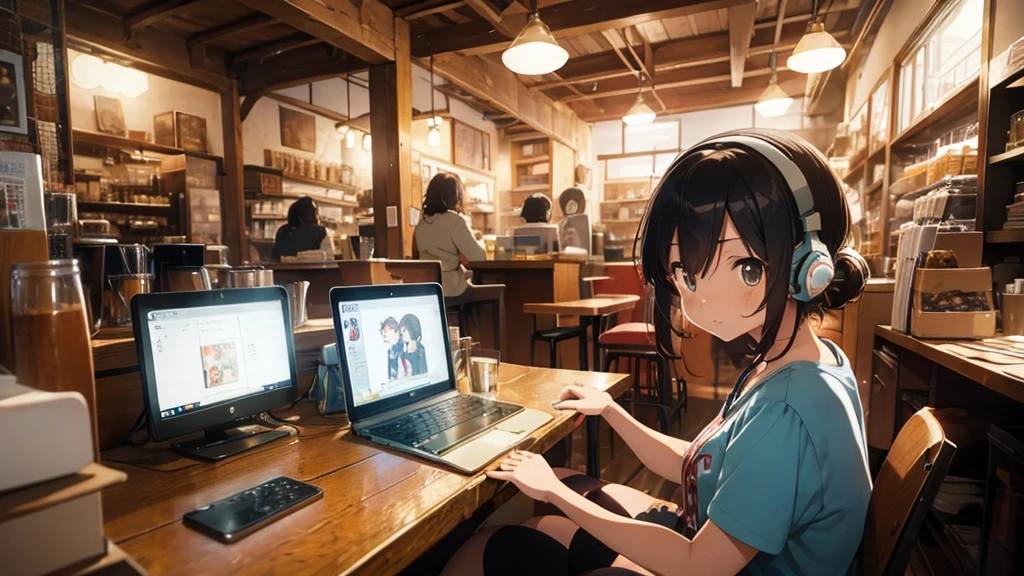 Create a nostalgic anime-style scene set in a cozy cafe. The character, wearing retro headphones, is immersed in their laptop, surrounded by vintage decor. Capture the warm, lo-fi music vibe.