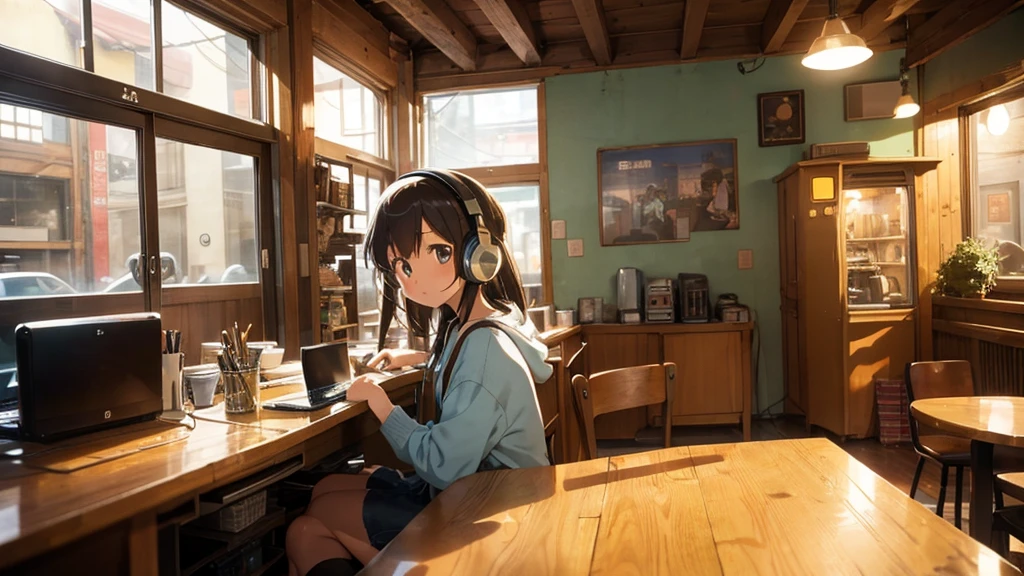 Create a nostalgic anime-style scene set in a cozy cafe. The character, wearing retro headphones, is immersed in their laptop, surrounded by vintage decor. Capture the warm, lo-fi music vibe.
