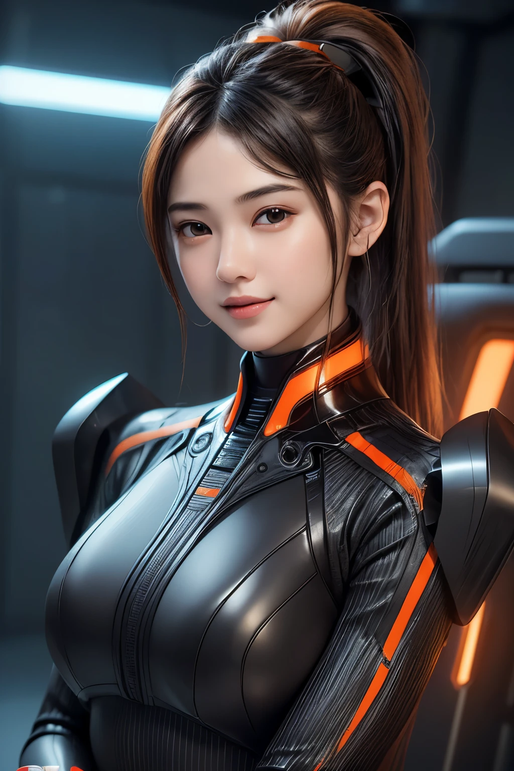 Top Quality, Masterpiece, Ultra High Resolution, (Photorealistic: 1.4), Raw Photo, 1 Girl, Black Hair, Glossy Skin, 1 Mechanical Girl, (((Ultra Realistic Details)), Portrait, Global Illumination, Shadows, Octane Rendering, 8K, Ultra Sharp, Intricate Ornaments Details, realistic skin, sweat effect, wearing Futuristic Headphone, nixie suga,  very intricate detail, realistic light, CGSoation trend, brown eyes, glowing eyes, matte black and glossy orange bodysuit, orange stripes on suit, Long hair, Ponytail hair, Half body shot, spaceship bridge background, dynamic pose, flirting smile, smiling