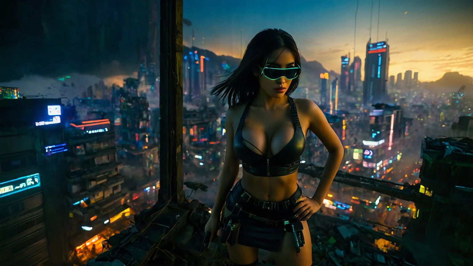 dark futuristic landscape, at night, neon lights, Atmospheric fog, large buildings in the background, futuristic city, busy streets with open shops, Ruined buildings, skyscraper (postapocalyptic city:1.3). at night, (((Matrix style cascading code))), (1woman, solo, perfect body), photo realistic, (large-breast:1.1 slim body, cleavage), (((tube top, extreamly short pleated (((((miniskirt))))) exposing panty))), (((((((matrix style black sunglasses))))))), (((((((sprinting with a (pistol), looking at camera))))))), (((half-body (thigh level) medium shot))), cinematic lighting.