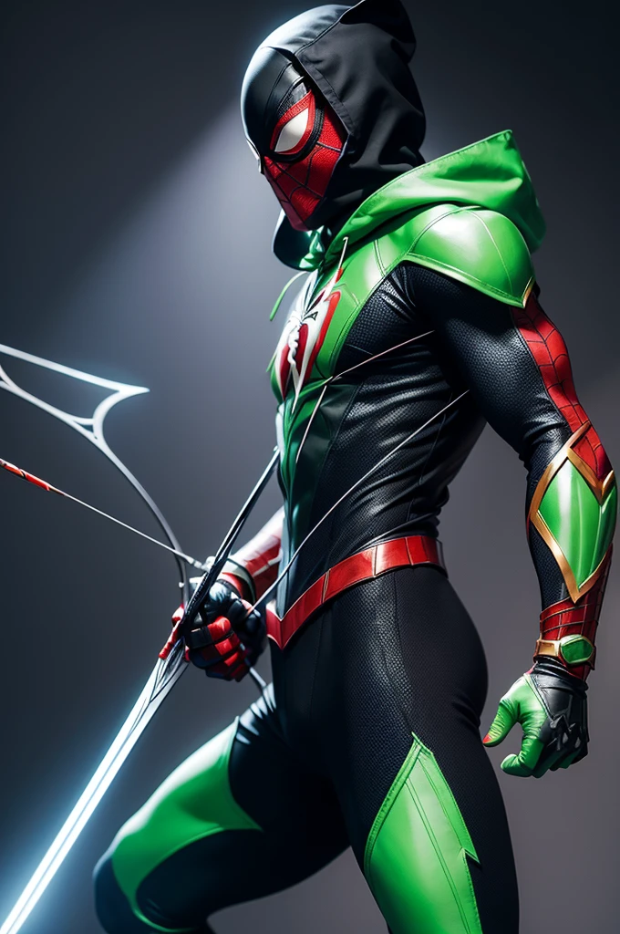 Make a superhero with bow and arrow hood, Spider-man mask, flash and black and green gloves and boots