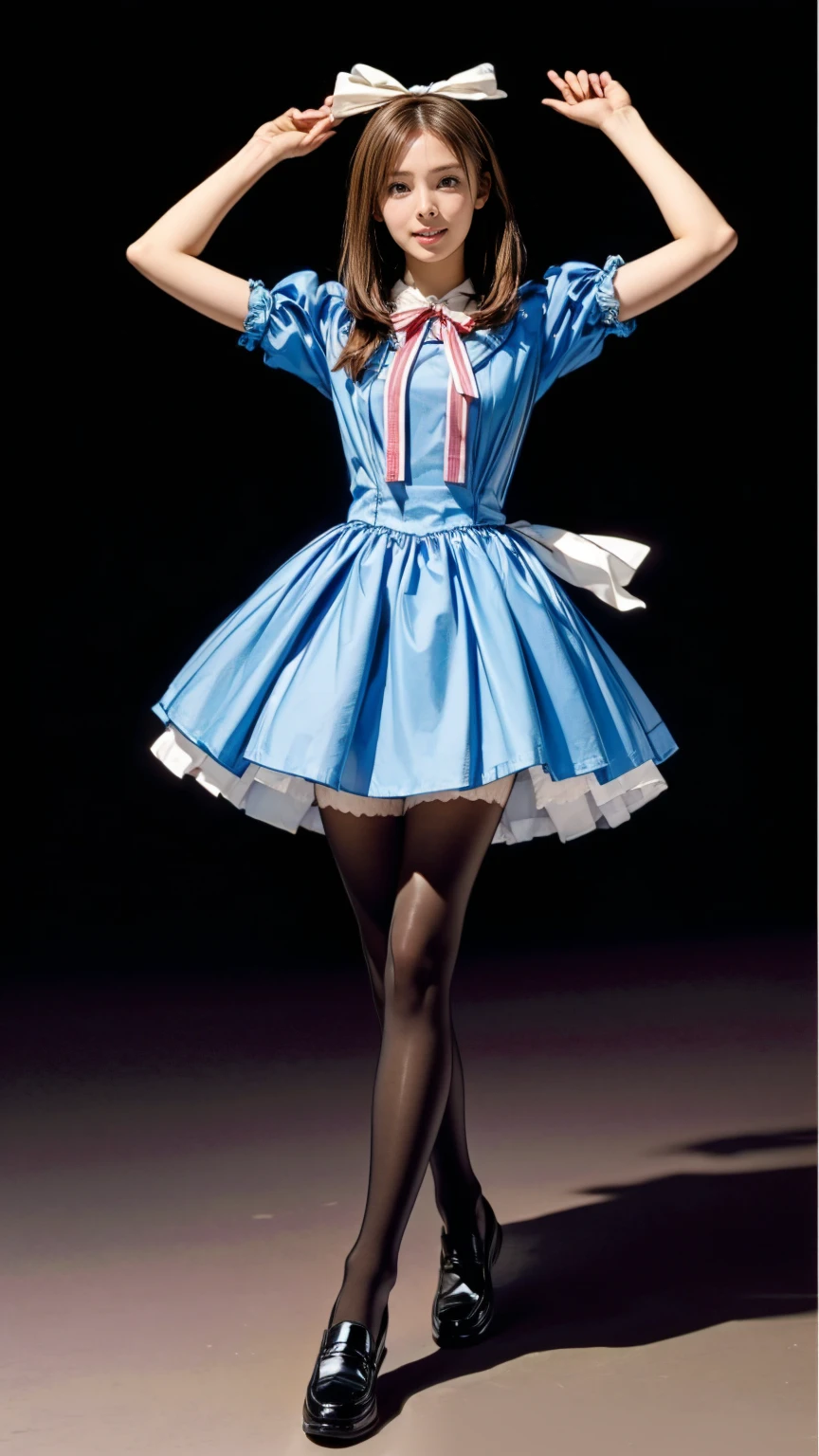 ((masterpiece)),(((Highest quality))),Thin thighs,Long legs,((Alice in Wonderland, wearing a large ribbon on your head,, wear black tights,loafers))、20 year old Japanese woman, (Very slim:1.4)、Low - Angle,Walking with arms raised:1.5,
