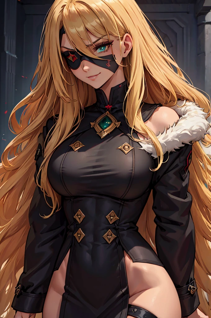 ((masterpiece)), ((best quality)), 1girl, adult, long hair, ((blonde hair)), very long blonde hair, ((intimidant look)), ((close-up)), profile image, green eyes, black and red clothes, sexy, dark colors, brillant eyes, ((coat with fur)), ((wavy hair)), exposed skin, ((sexy pose)), ((intimidant look)), good anatomy, ((dark sage clothes)), ((straight cut bangs)), emotionless, intimidant, ((beautiful eyes)), dark background, close up, ((detailed eyes)), beautiful eyes, ((detailed face)), hair bang, frontal look, evil, relaxed, smile, magical goddess othinus, detailed face, eyepatch, full body, ((detailed))