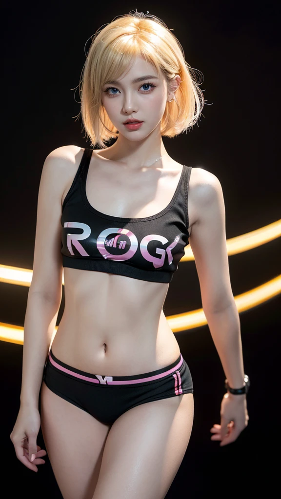 (Very fine eye), (((Fabric Shading))), (((Highest quality))), (((Tabletop))), (((Ultra-high-definition CG))), Saucy girl, (((magical girl))), (small), (Large Breasts), Blonde Short Hair, Blonde Short Hair, Blonde Short Hair, Pinup Emo, ((nice hair)), Pink Eyes, (((Hip Hop Style, Burning hot in the dismantled panties, While glamorous, Printed crop top, Deconstructed Panties Pants Black,And y2k))), ((Strike a Pose)), (((Game CG)) (nice, Saucy, It Girl), Fine Jewelry, Full LED background, LED shining in the background, retro lights, Hip hop vibe, LED lights in the background, light retro led, magic disco light led, Strong 80&#39;s atmosphere,, Cowboy Shot, Mid Shot, Centered Images, Look into the camera, Front view