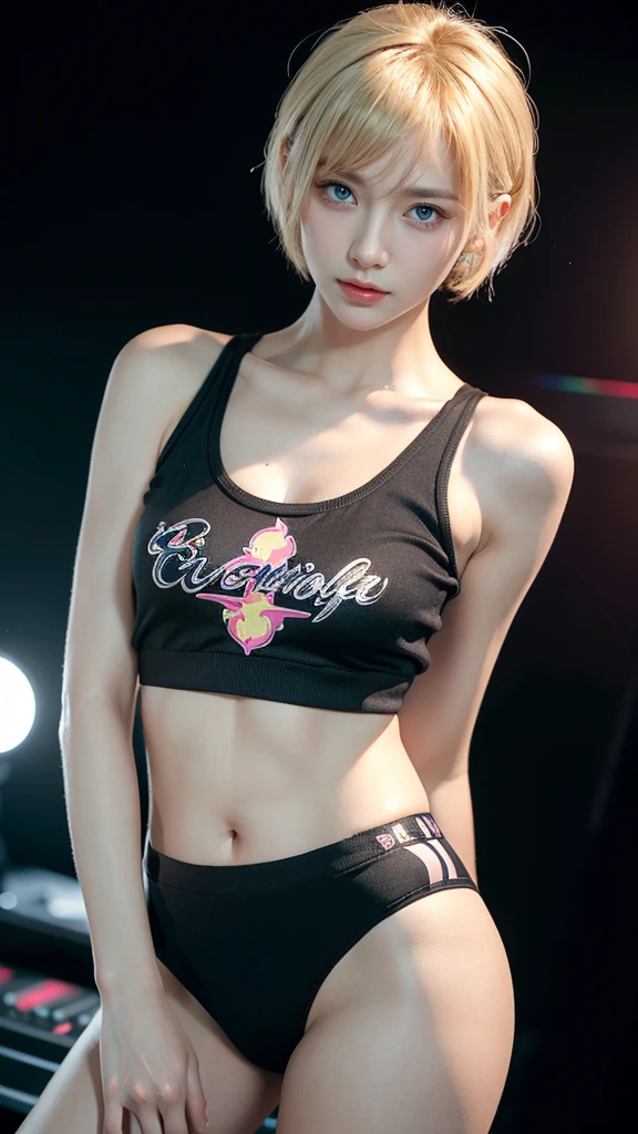 (Very fine eye), (((Fabric Shading))), (((Highest quality))), (((Tabletop))), (((Ultra-high-definition CG))), Saucy girl, (((magical girl))), (small), (Large Breasts), Blonde Short Hair, Blonde Short Hair, Blonde Short Hair, Pinup Emo, ((nice hair)), Pink Eyes, (((Hip Hop Style, Burning hot in the dismantled panties, While glamorous, Printed crop top, Deconstructed Panties Pants Black,And y2k))), ((Strike a Pose)), (((Game CG)) (nice, Saucy, It Girl), Fine Jewelry, Full LED background, LED shining in the background, retro lights, Hip hop vibe, LED lights in the background, light retro led, magic disco light led, Strong 80&#39;s atmosphere,, Cowboy Shot, Mid Shot, Centered Images, Look into the camera, Front view