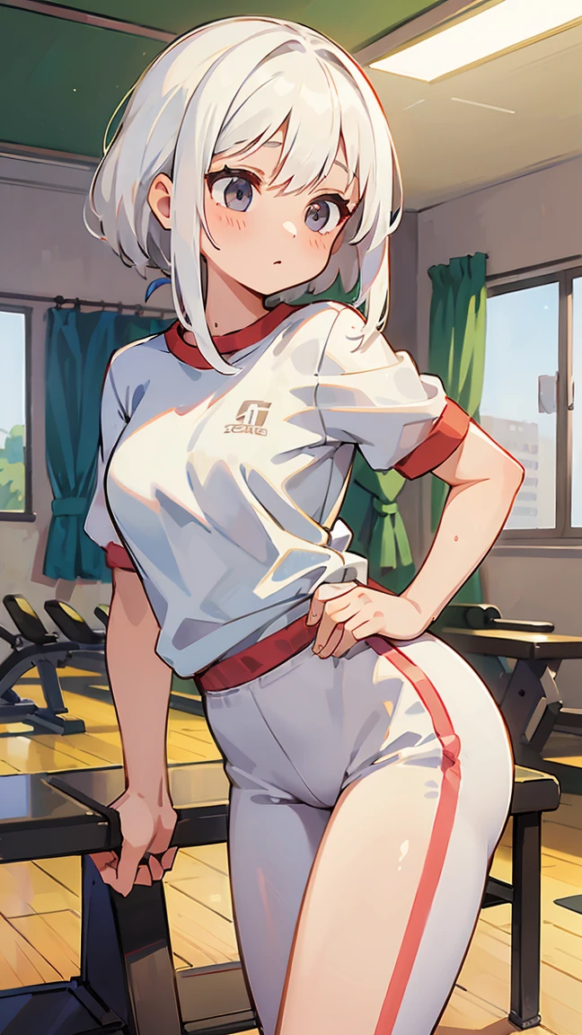 masterpiece, Highest quality, High resolution, Very detailed,(((White Hair Girl))), (((Gym clothes))), classroom