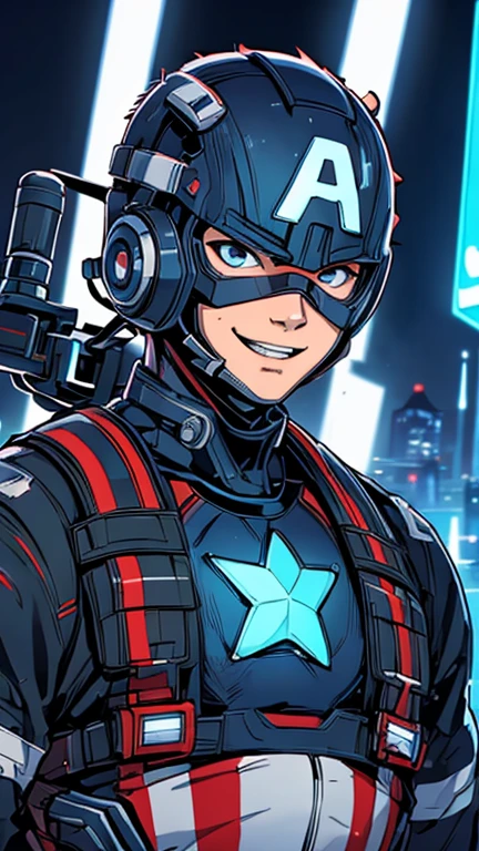 (8k),(masterpiece),(Japanese),(13-year-old boy),((innocent look)),((Childish)),From the front,smile,cute,Innocent,Kind eyes,Flat chest, Captain America, Blue Helmet, Blue Domino Mask,Short,Hair covered by helmet,Blonde Hair,Strong wind,night,dark, Neon light cyberpunk city, camisa