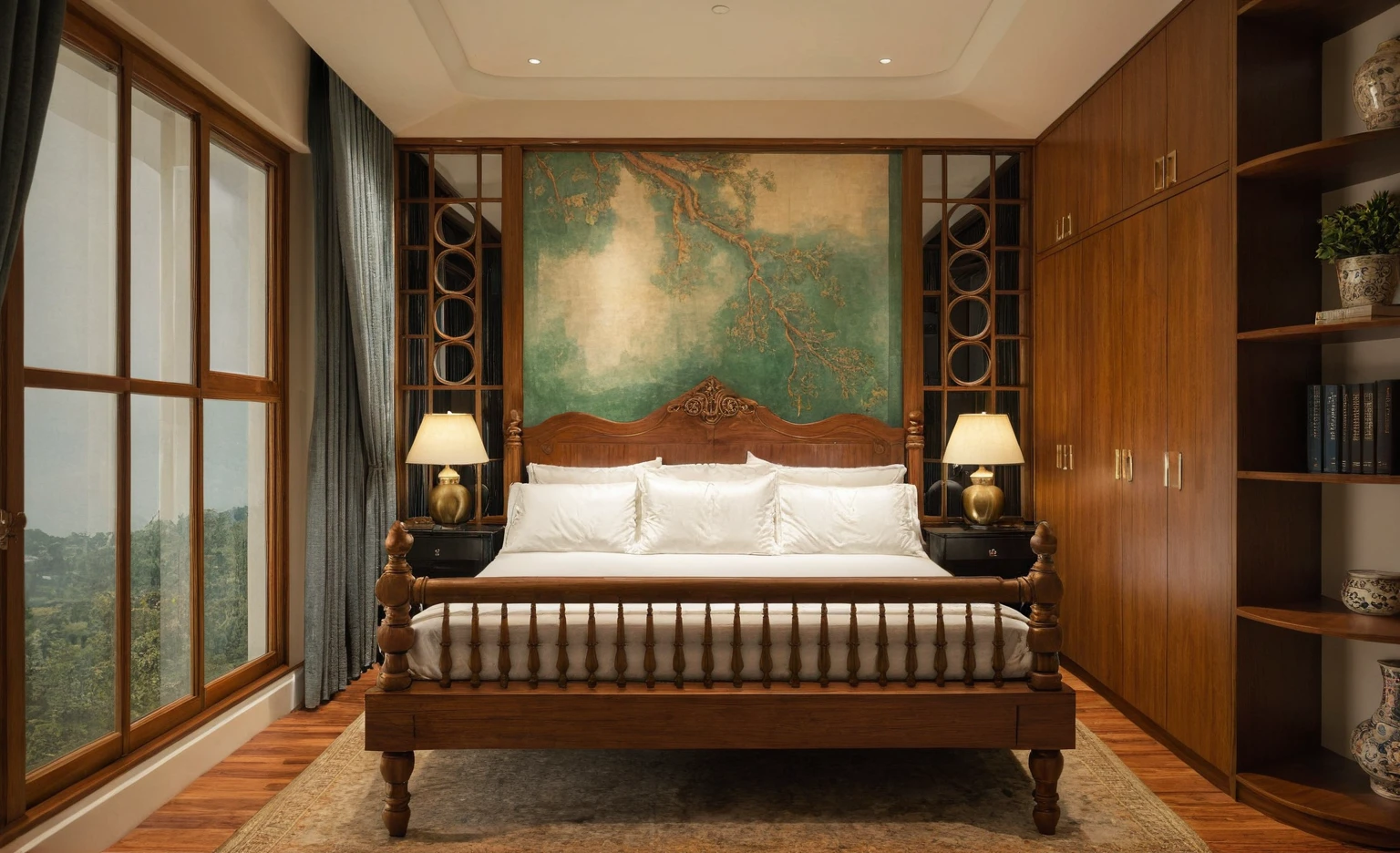 Style indochine ,bed, bedroom, book, cabinet, chair, clock, curtains, door, indoors, lamp, no humans, rug, scenery, shelf, table, window, wooden floor