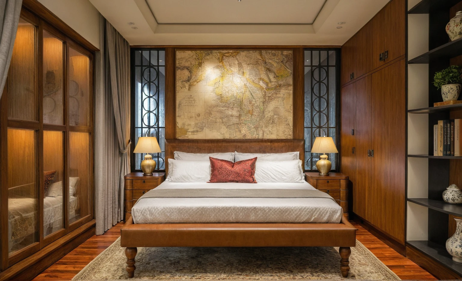 Style indochine ,bed, bedroom, book, cabinet, chair, clock, curtains, door, indoors, lamp, no humans, rug, scenery, shelf, table, window, wooden floor