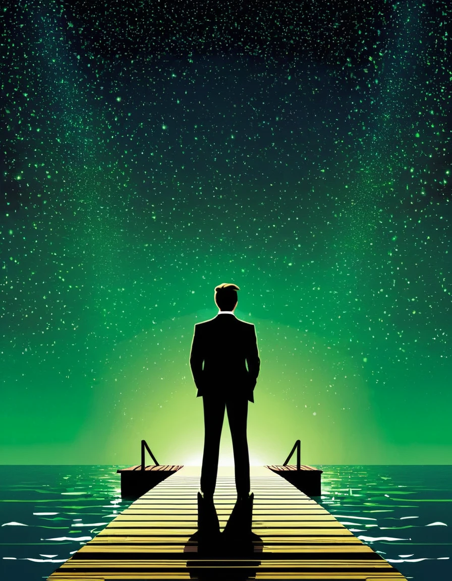 Create an image that visually represents the quote "Gatsby believed in the green light, the orgastic future that year by year recedes before us" from the book "The Great Gatsby" by F. Scott Fitzgerald.
The image should feature a silhouette of Jay Gatsby standing on a dock, gazing across a body of water toward a distant, glowing green light. The light should appear to be receding further into the distance, symbolizing the elusive nature of Gatsby's dreams and desires. This visual representation should capture the sense of longing and unattainable aspirations that are central to the novel's themes.