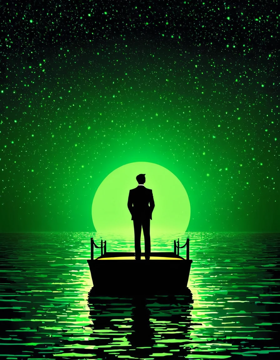 Create an image that visually represents the quote "Gatsby believed in the green light, the orgastic future that year by year recedes before us" from the book "The Great Gatsby" by F. Scott Fitzgerald.

The image should feature a silhouette of Jay Gatsby standing on a dock, gazing across a body of water toward a distant, glowing green light. The light should appear to be receding further into the distance, symbolizing the elusive nature of Gatsby's dreams and desires. This visual representation should capture the sense of longing and unattainable aspirations that are central to the novel's themes.