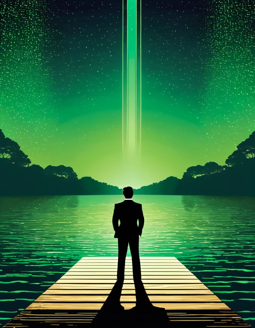 Create an image that visually represents the quote "Gatsby believed in the green light, the orgastic future that year by year recedes before us" from the book "The Great Gatsby" by F. Scott Fitzgerald.
The image should feature a silhouette of Jay Gatsby standing on a dock, gazing across a body of water toward a distant, glowing green light. The light should appear to be receding further into the distance, symbolizing the elusive nature of Gatsby's dreams and desires. This visual representation should capture the sense of longing and unattainable aspirations that are central to the novel's themes.