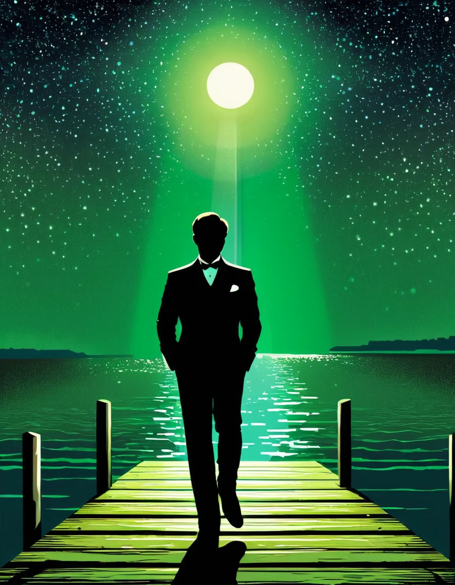 Create an image that visually represents the quote "Gatsby believed in the green light, the orgastic future that year by year recedes before us" from the book "The Great Gatsby" by F. Scott Fitzgerald.
The image should feature a silhouette of Jay Gatsby standing on a dock, gazing across a body of water toward a distant, glowing green light. The light should appear to be receding further into the distance, symbolizing the elusive nature of Gatsby's dreams and desires. This visual representation should capture the sense of longing and unattainable aspirations that are central to the novel's themes.