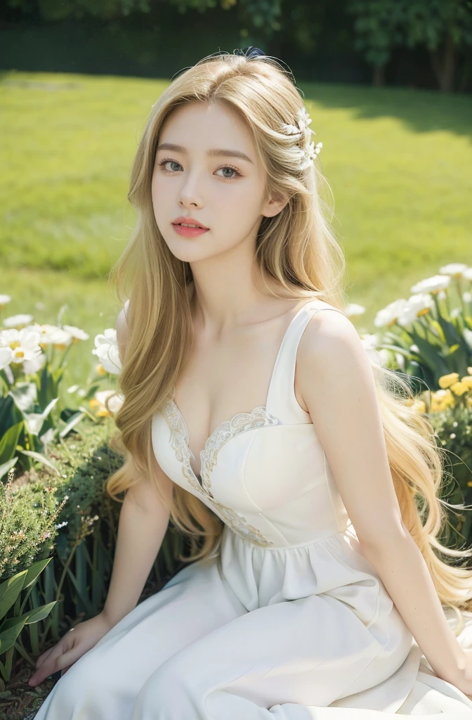 (((best quality))), (((ultra detailed))), (((masterpiece))), illustration, 1girl, young, female, fair skin, long blonde hair, blue eyes, joyful expression, white wings, flowing white dress, garden setting, vibrant flowers, lush grass, gentle breeze, clear sky, fluffy clouds, shining sun