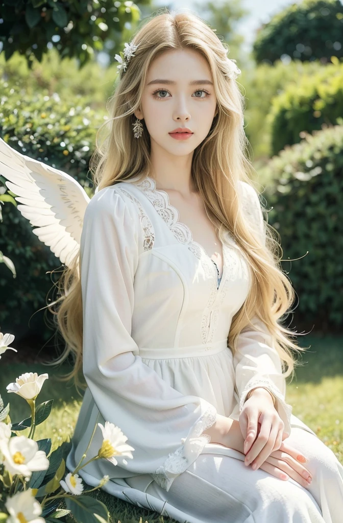 (((best quality))), (((ultra detailed))), (((masterpiece))), illustration, 1girl, young, female, fair skin, long blonde hair, blue eyes, joyful expression, white wings, flowing white dress, garden setting, vibrant flowers, lush grass, gentle breeze, clear sky, fluffy clouds, shining sun