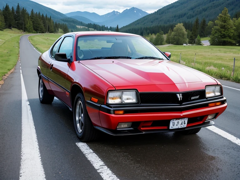 pontiac sunbird, mountain road, lake, clouds, trees